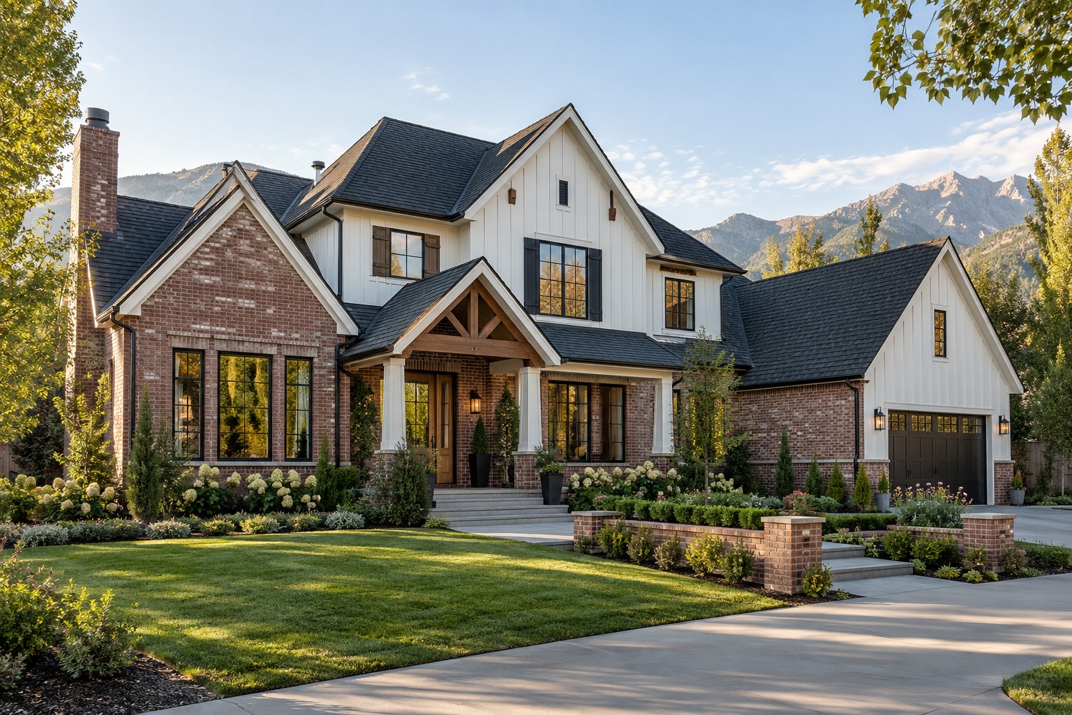 Conceptual brick home with a coordinated roofline